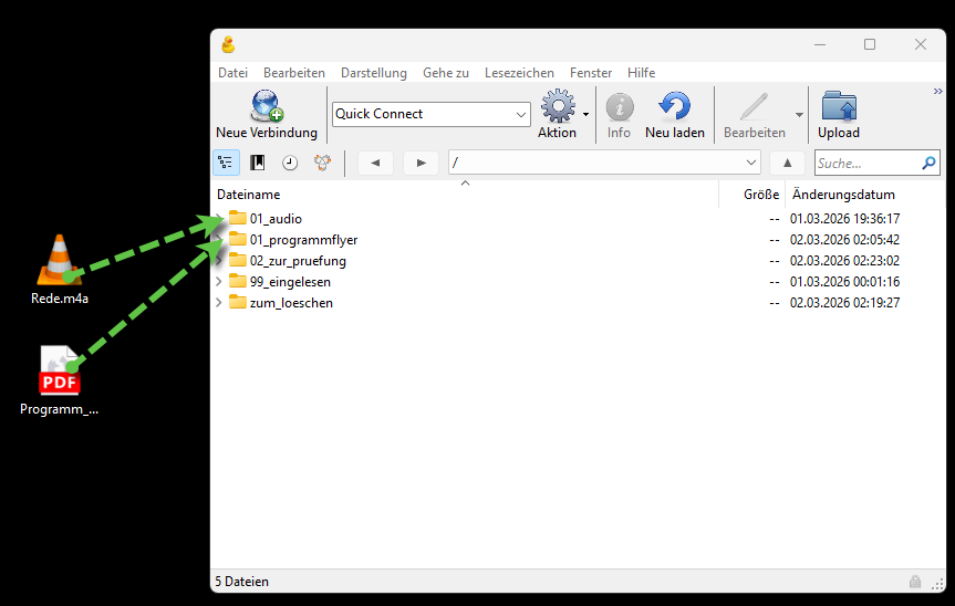 Cyberduck mit Ordnern audio und docs sowie Upload von Rede und Programmflyer